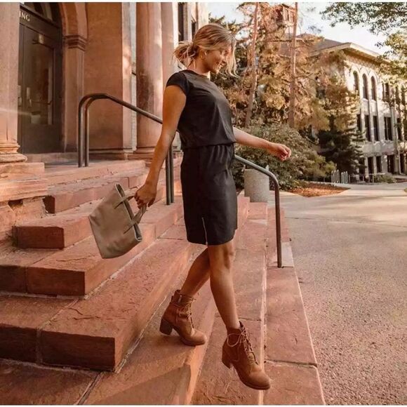 Albion Fit Going Places Cap Sleeve Athleisure Dress in Black Size ST Small Tall - Picture 12 of 14